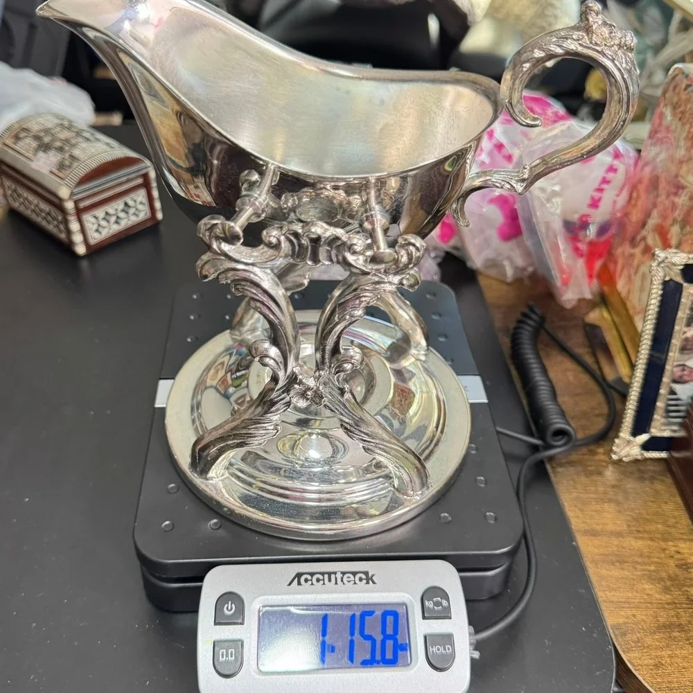Vintage Ornate Silver Plate Tilting Gravy Boat w/ Rococo Scroll Stand Bridgerton
